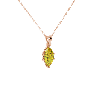 Close-up, marquise cut canary yellow gemstone pendant, rose gold scalloped six prong.