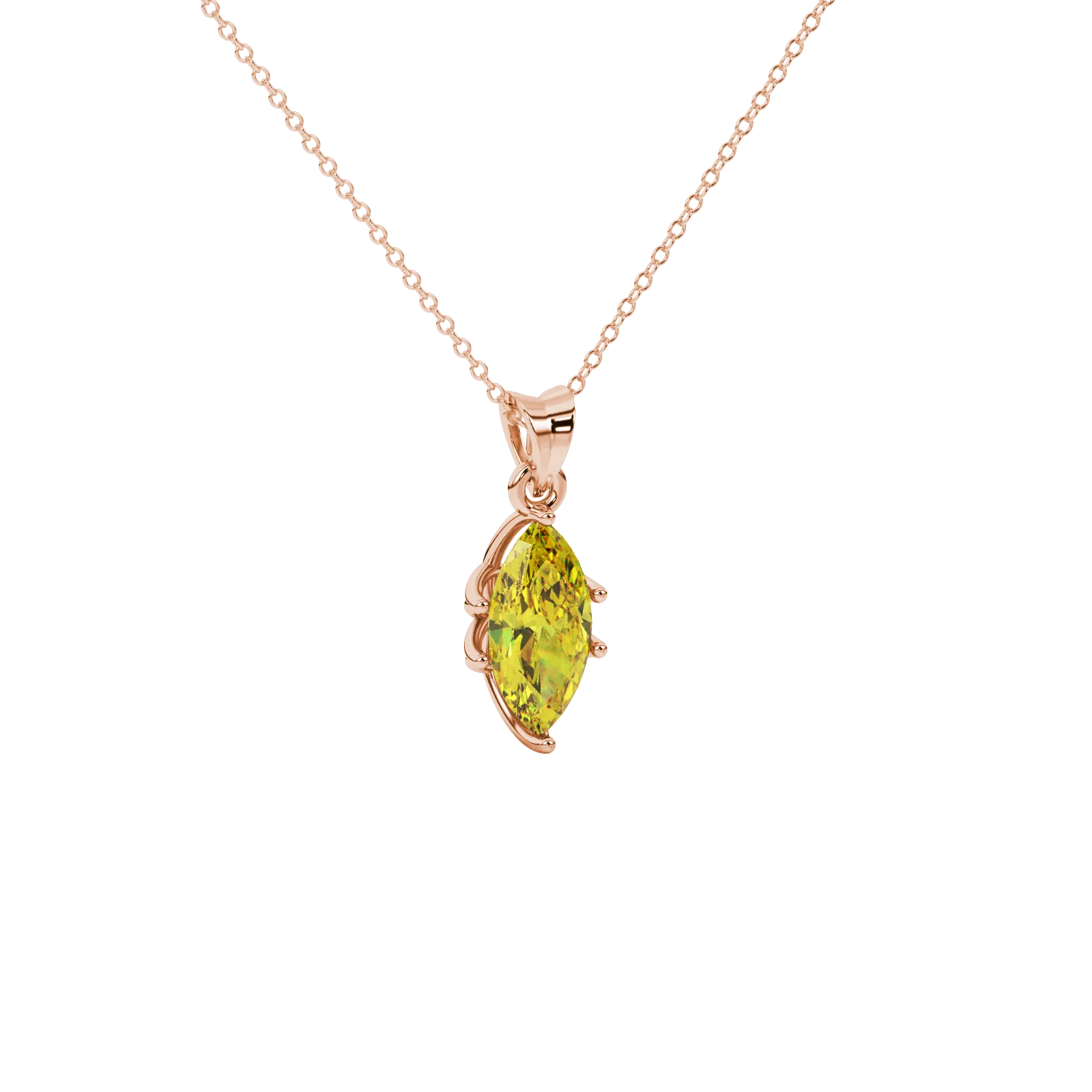 Close-up, marquise cut canary yellow gemstone pendant, rose gold scalloped six prong.