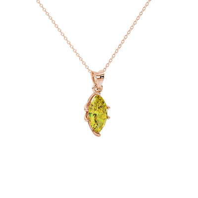Close-up, marquise cut canary yellow gemstone pendant, rose gold scalloped six prong.