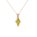Close-up, marquise cut canary yellow gemstone pendant, rose gold surprise diamond setting.