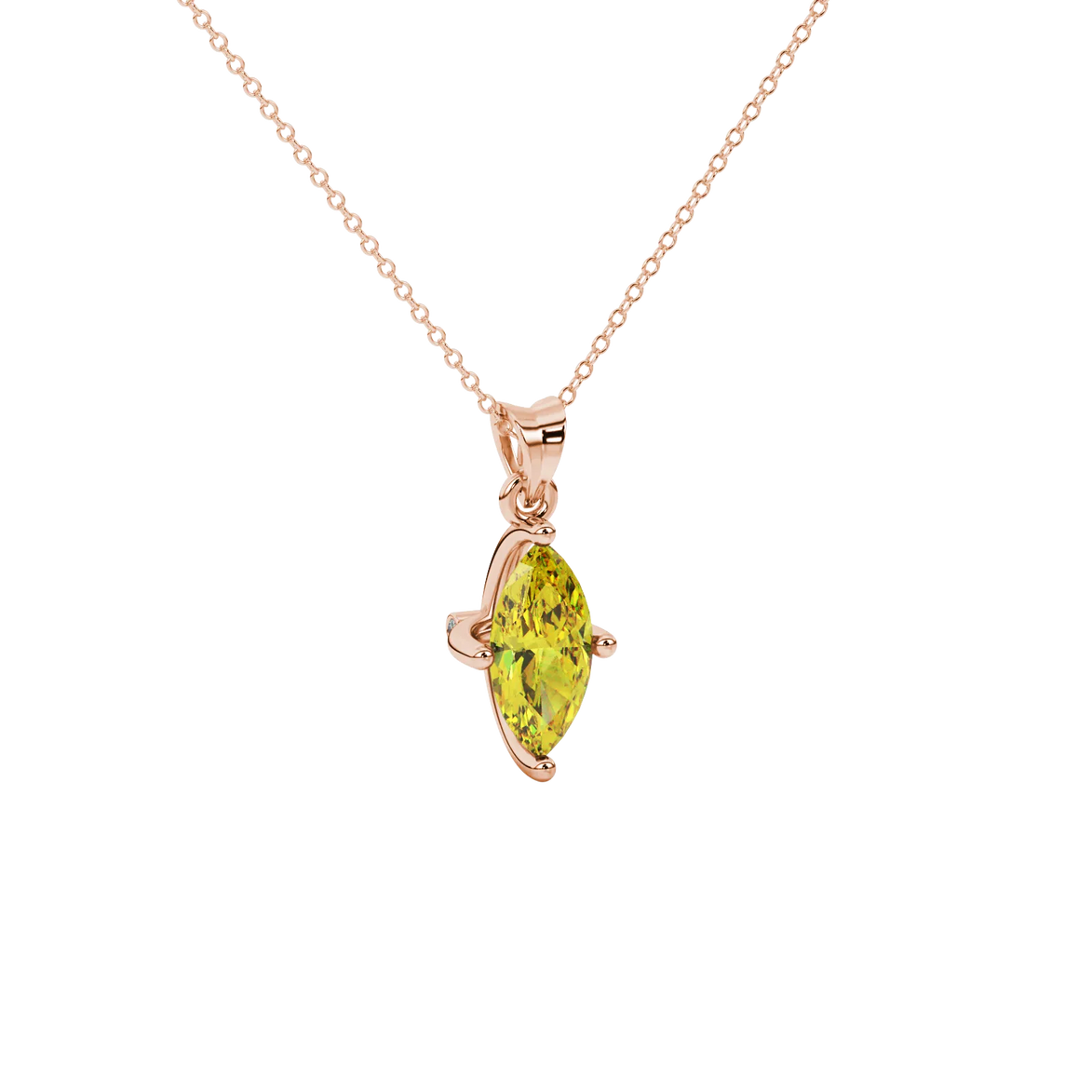 Close-up, marquise cut canary yellow gemstone pendant, rose gold surprise diamond setting.