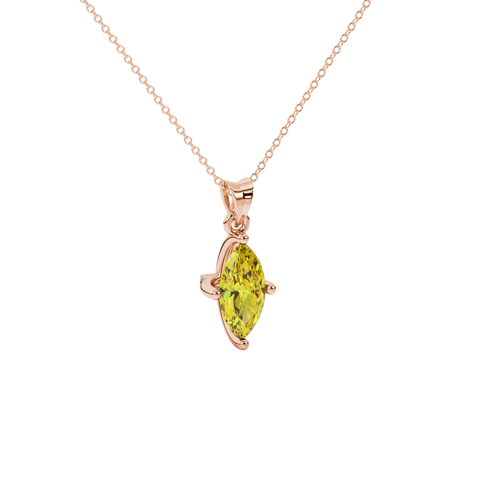 Close-up, marquise cut canary yellow gemstone pendant, rose gold surprise diamond setting.