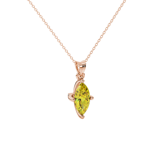 Close-up, marquise cut canary yellow gemstone pendant, rose gold surprise diamond setting.