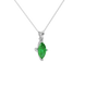 Close-up marquise cut emerald green gemstone, white gold surprise diamond setting.