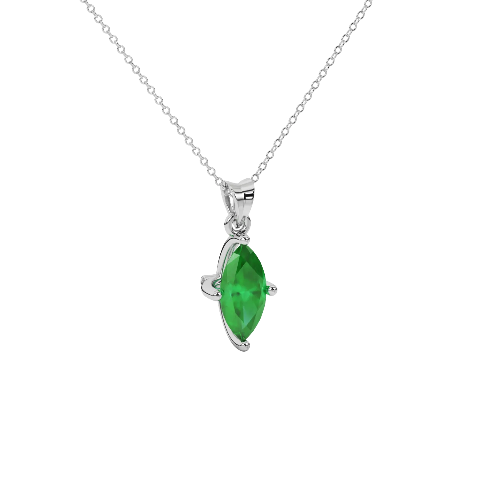 Close-up marquise cut emerald green gemstone, white gold surprise diamond setting.