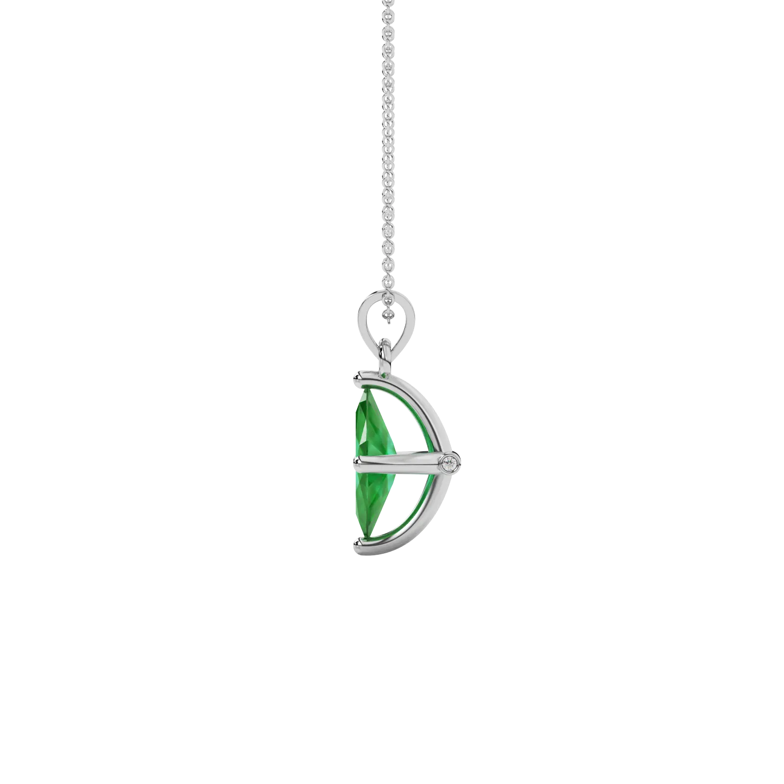 Side profile, white gold emerald green pendant, surprise diamond gallery.