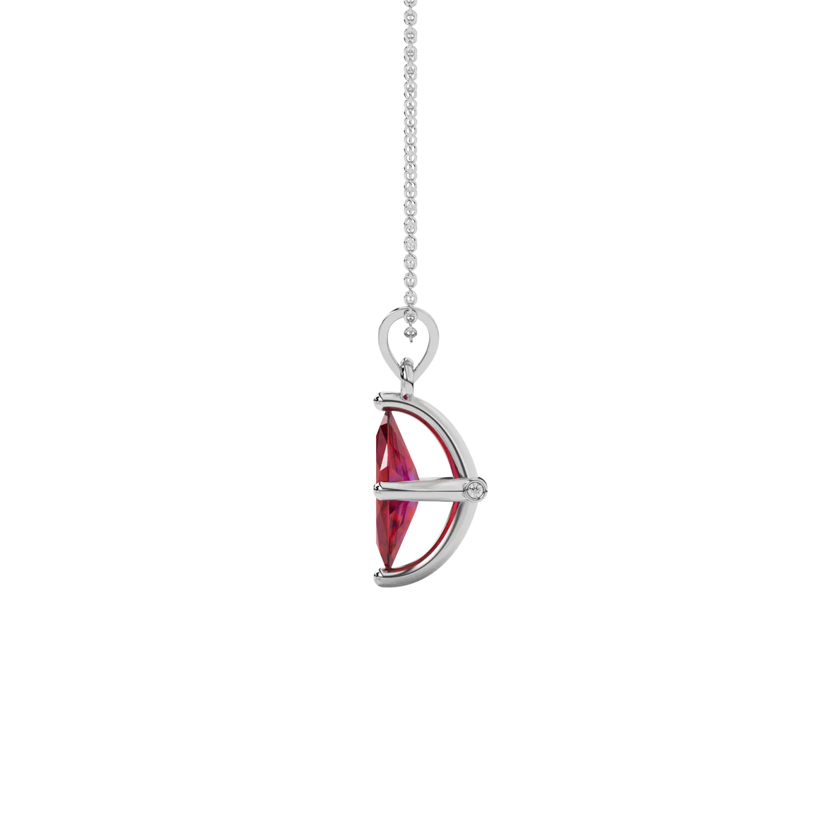 Side profile, white gold raspberry red pendant, surprise diamond gallery.