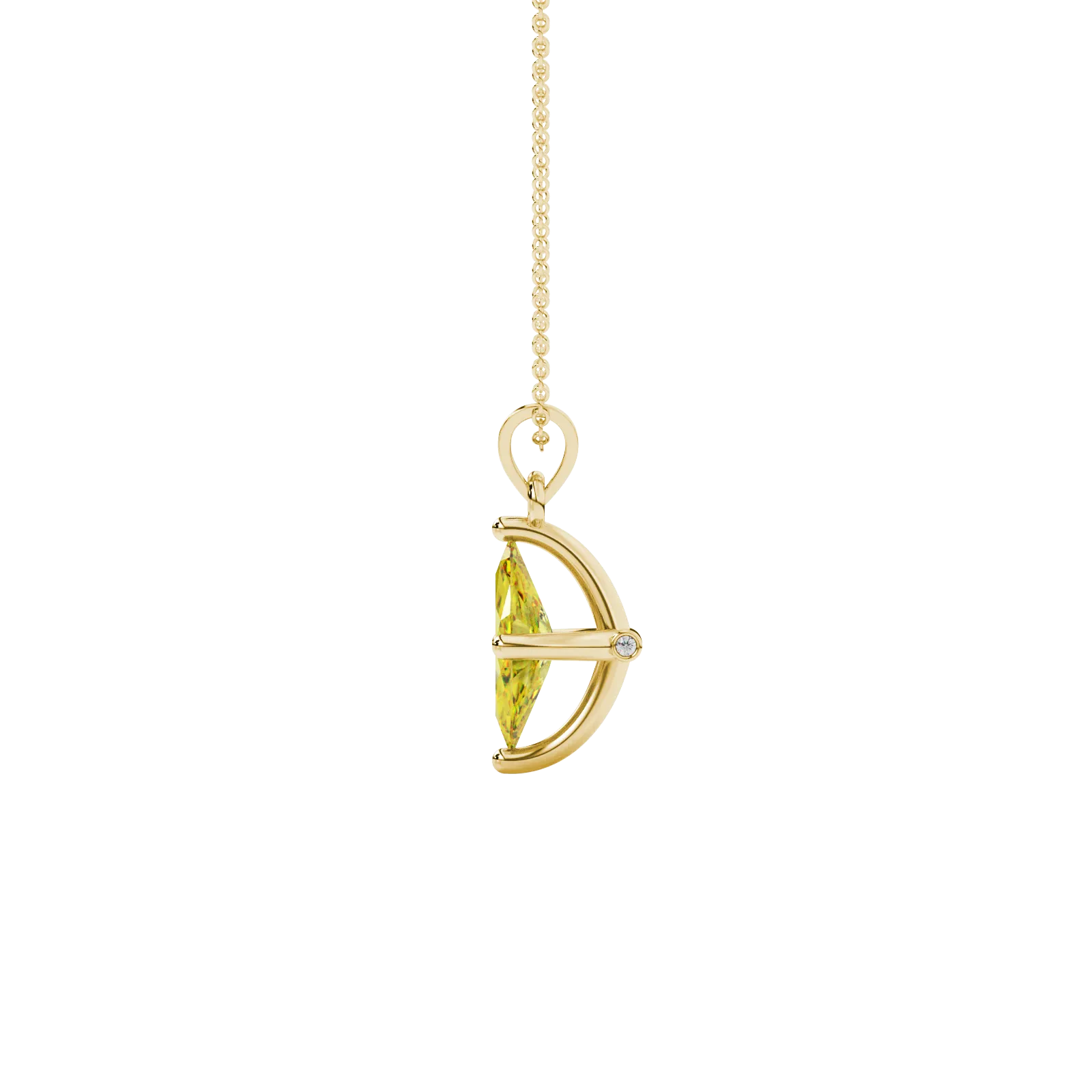 Side profile, yellow gold canary yellow pendant, surprise diamond gallery.