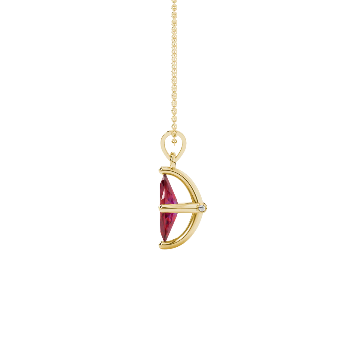 Side profile, yellow gold raspberry red pendant, surprise diamond gallery.