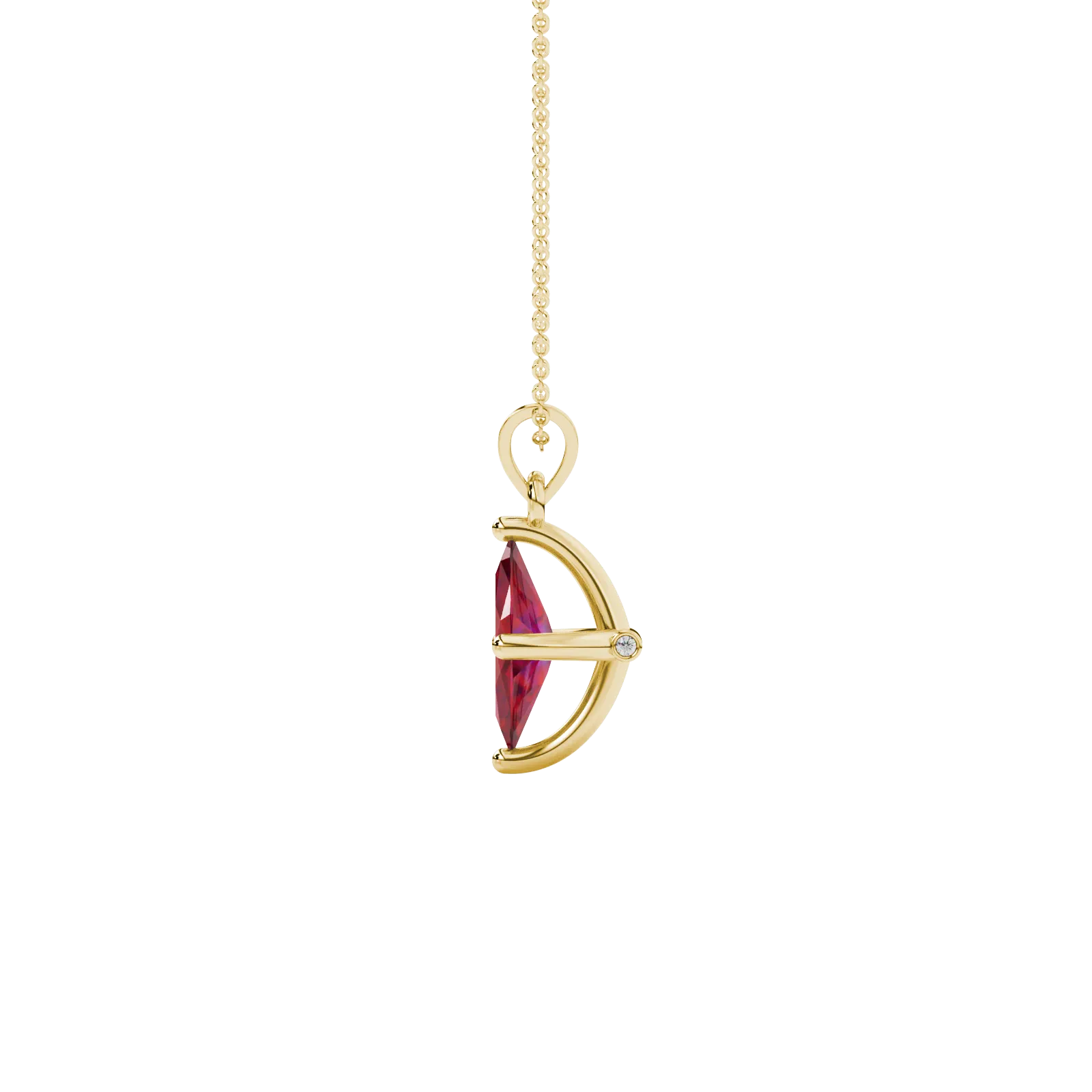 Side profile, yellow gold raspberry red pendant, surprise diamond gallery.