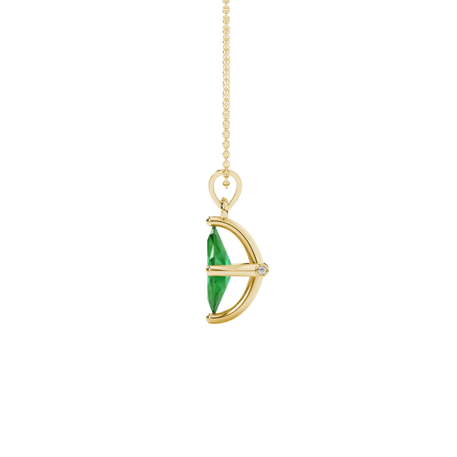 Side profile, yellow gold emerald green pendant, surprise diamond gallery.