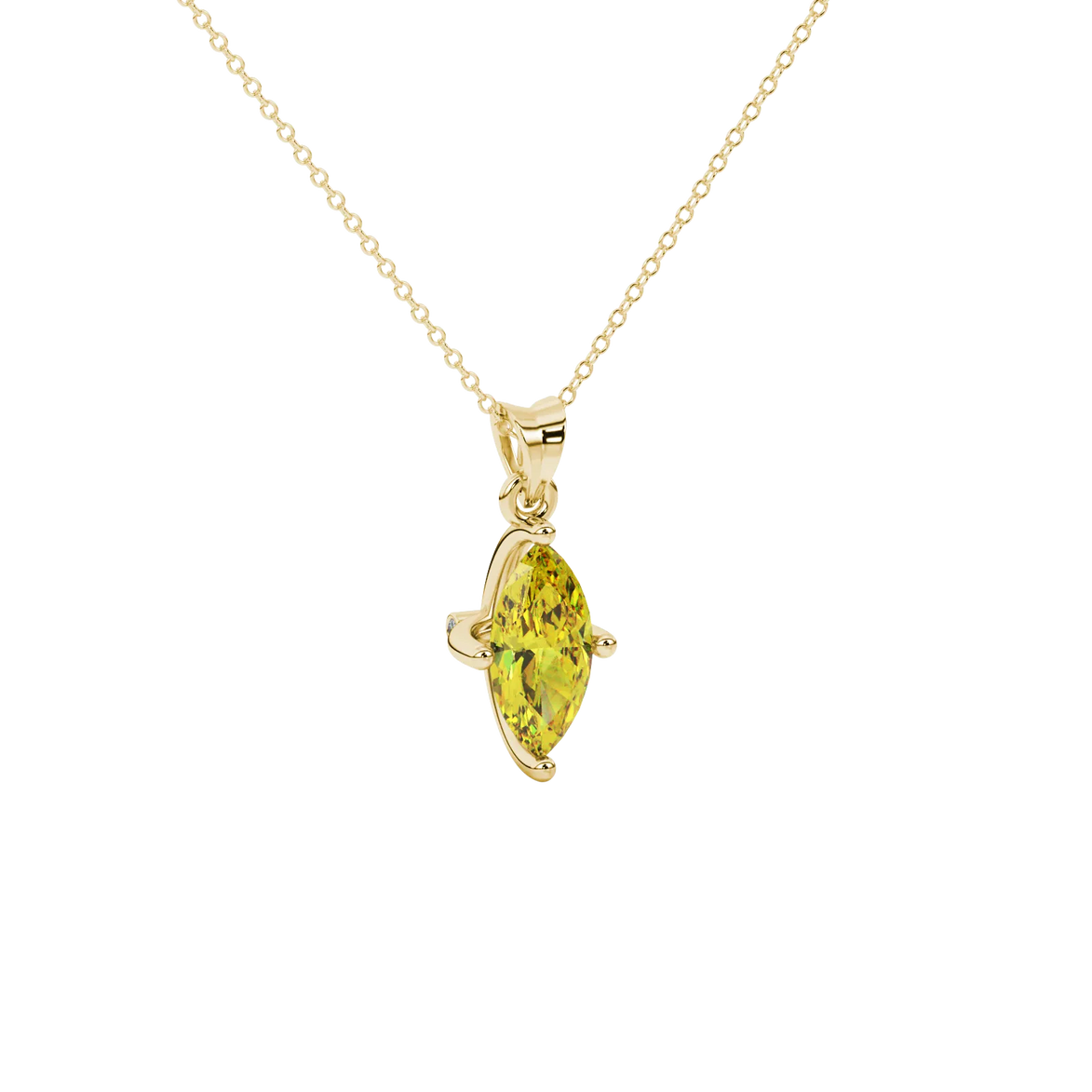 Close-up, marquise cut canary yellow gemstone, yellow gold surprise diamond pendant.