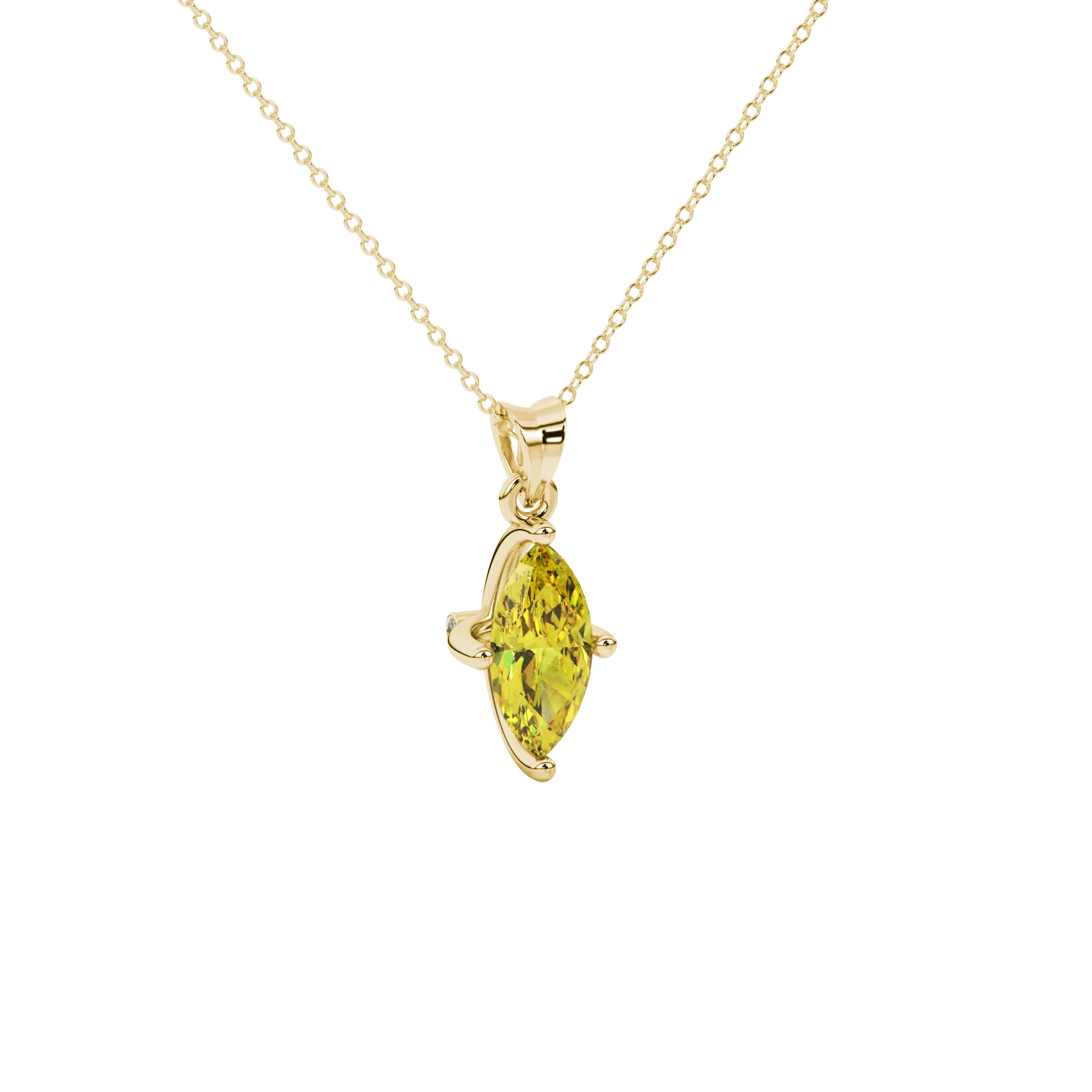Close-up, marquise cut canary yellow gemstone, yellow gold surprise diamond pendant.