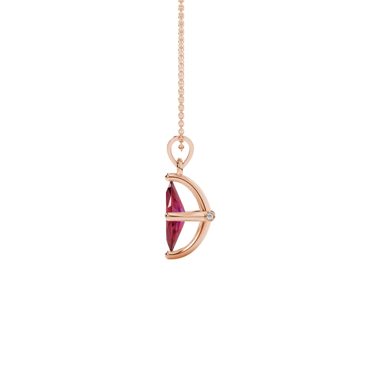 Side profile, rose gold raspberry red pendant, surprise diamond gallery.