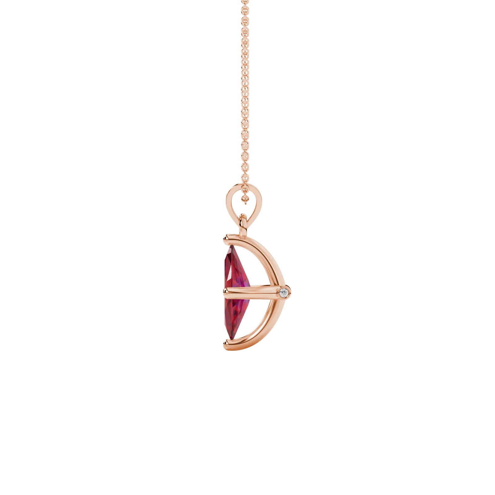 Side profile, rose gold raspberry red pendant, surprise diamond gallery.