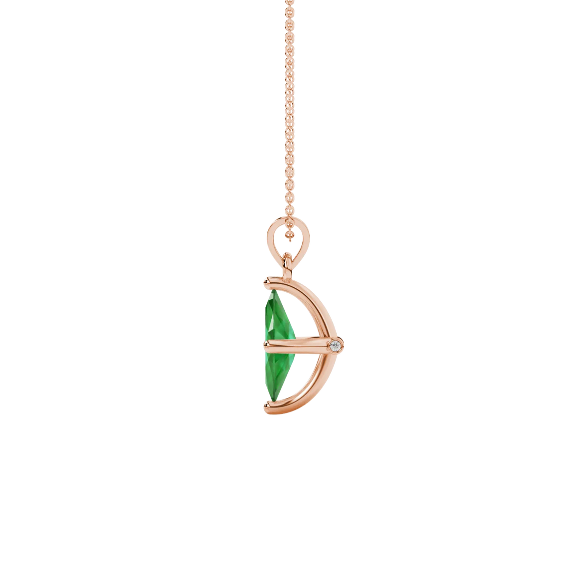 Side profile, rose gold emerald green pendant, surprise diamond gallery.