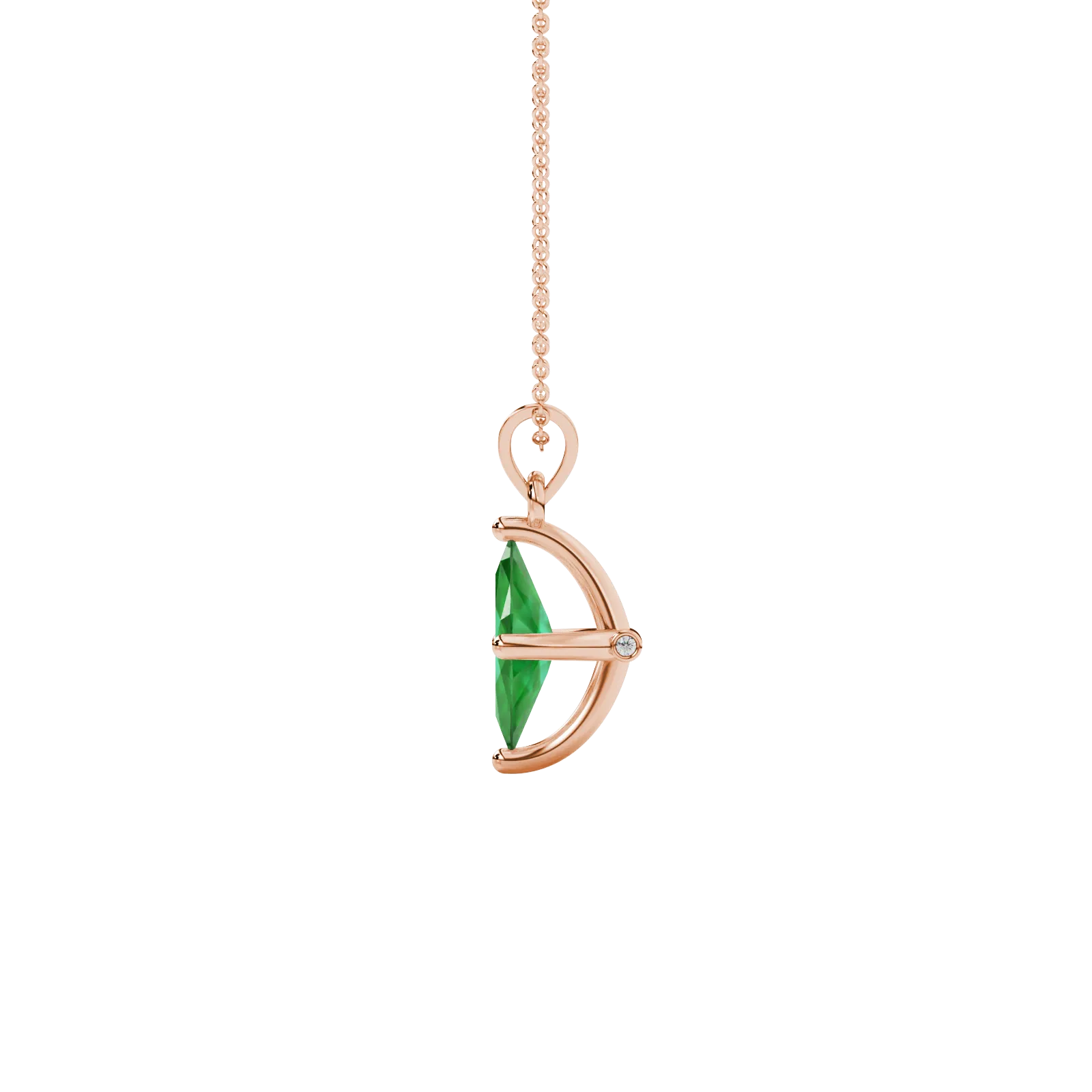 Side profile, rose gold emerald green pendant, surprise diamond gallery.