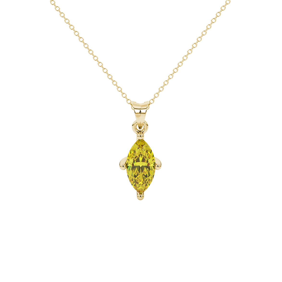 Marquise cut canary yellow gemstone pendant, yellow gold surprise diamond setting.