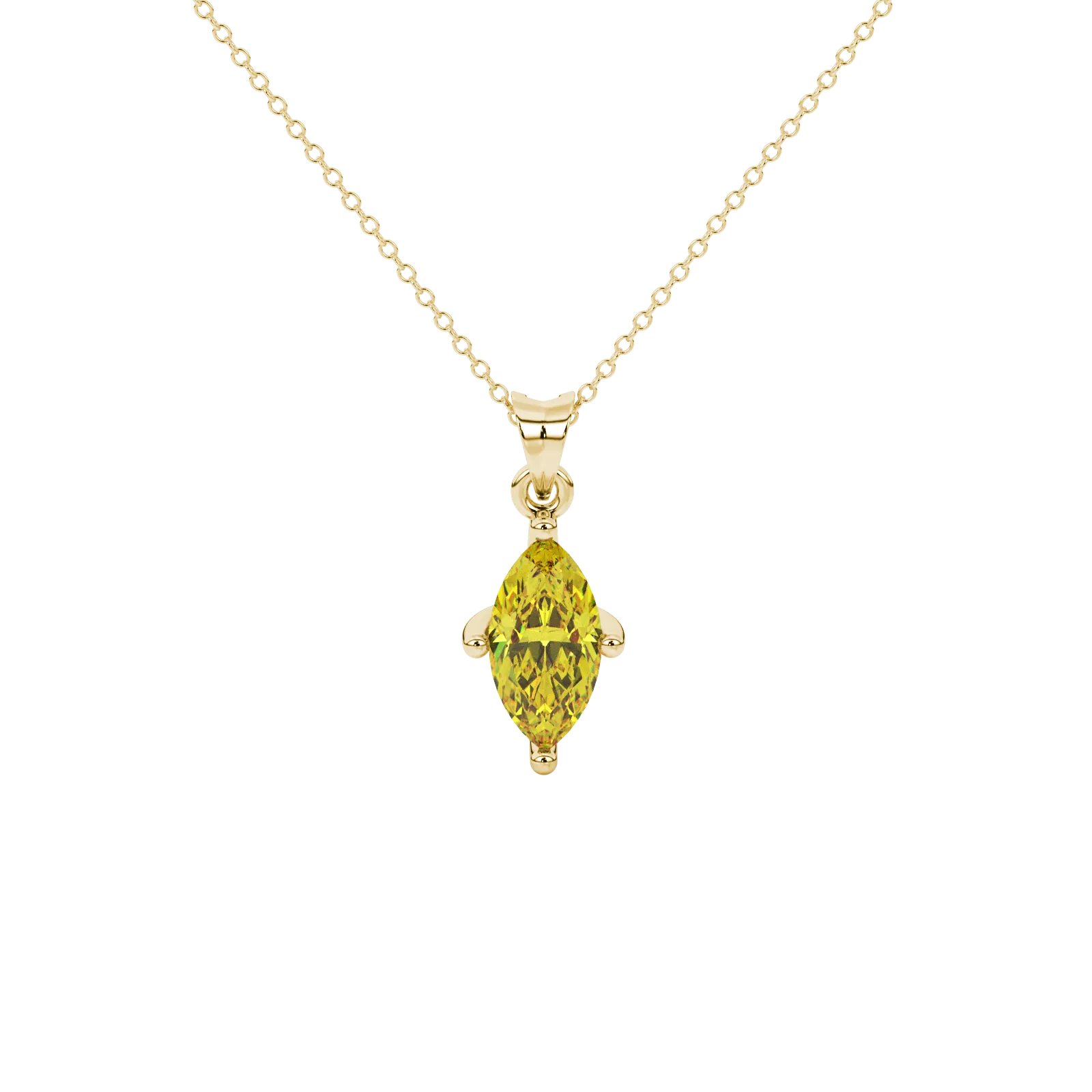 Marquise cut canary yellow gemstone pendant, yellow gold surprise diamond setting.