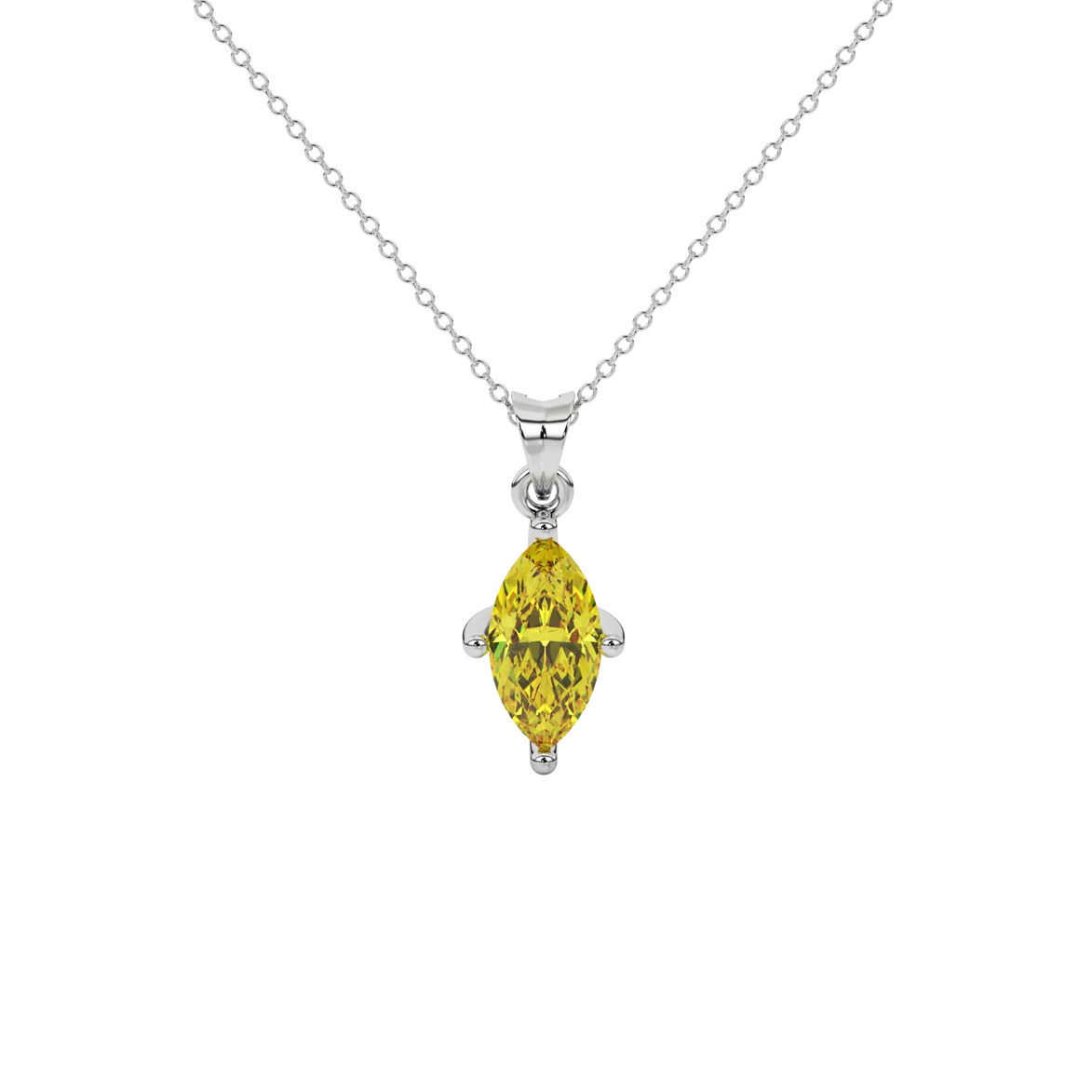 Marquise cut canary yellow gemstone pendant, white gold surprise diamond setting.