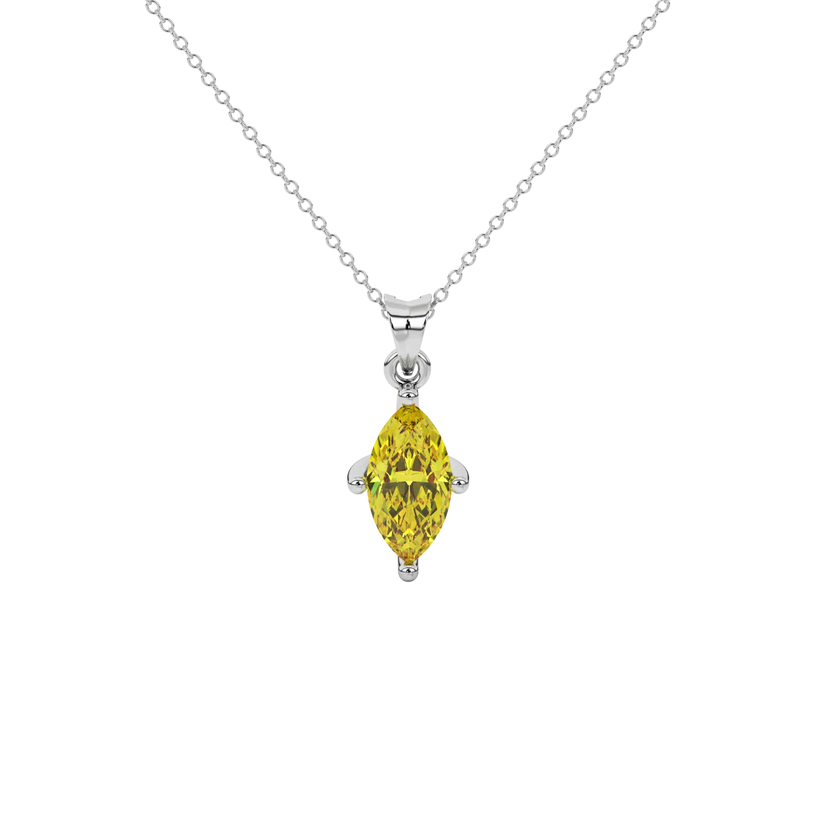 Marquise cut canary yellow gemstone pendant, white gold surprise diamond setting.