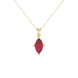 Marquise cut raspberry red gemstone pendant, yellow gold surprise diamond setting.