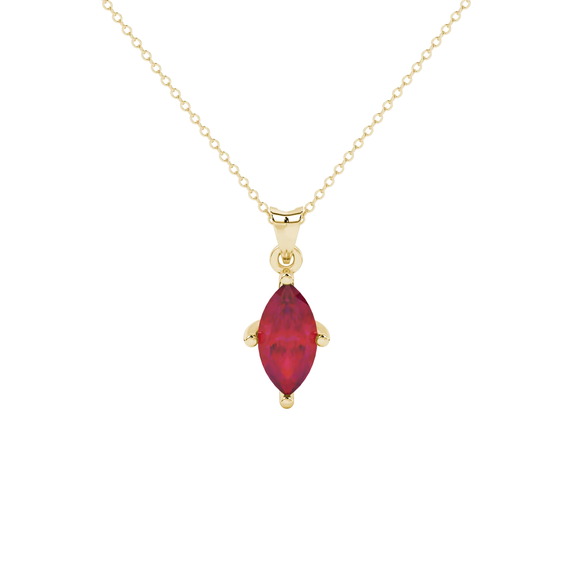 Marquise cut raspberry red gemstone pendant, yellow gold surprise diamond setting.