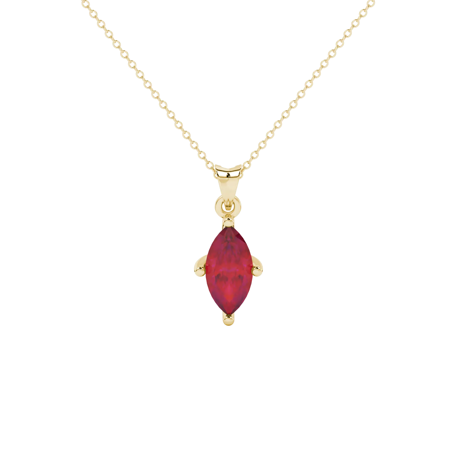 Marquise cut raspberry red gemstone pendant, yellow gold surprise diamond setting.