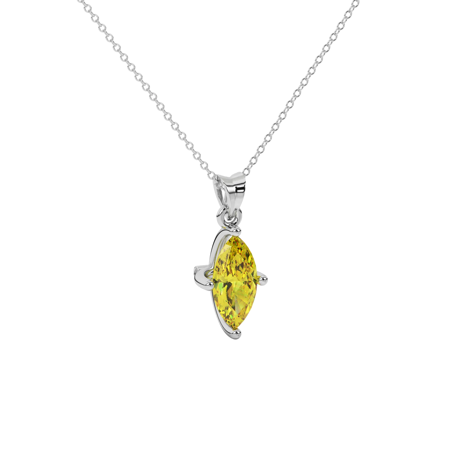 Close-up marquise cut canary yellow gemstone, white gold surprise diamond setting