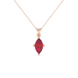Marquise cut raspberry red gemstone pendant, rose gold surprise diamond setting.
