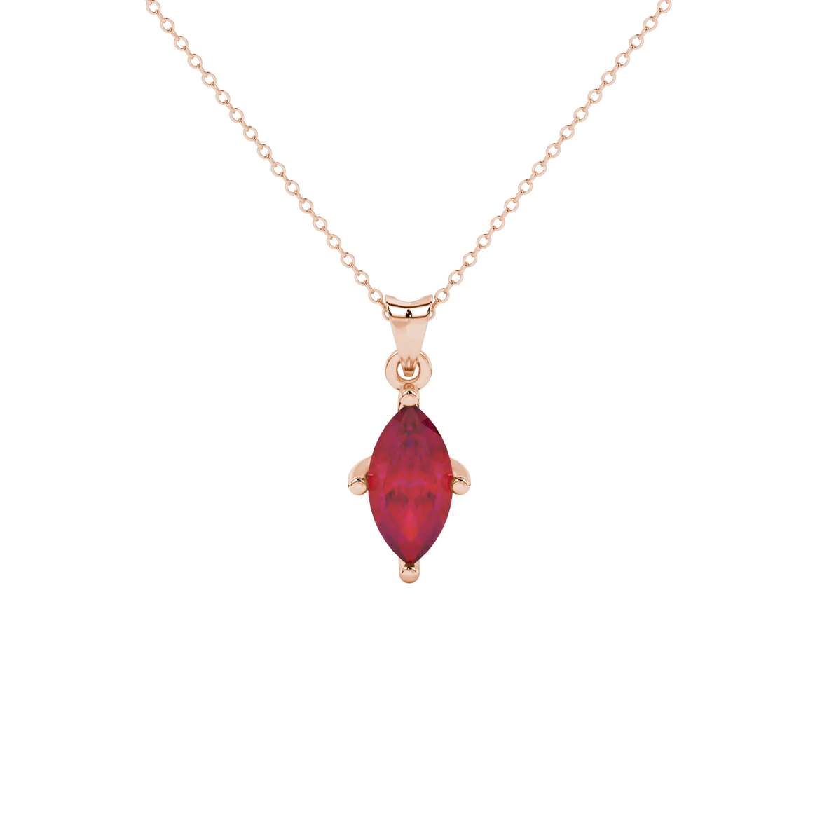 Marquise cut raspberry red gemstone pendant, rose gold surprise diamond setting.