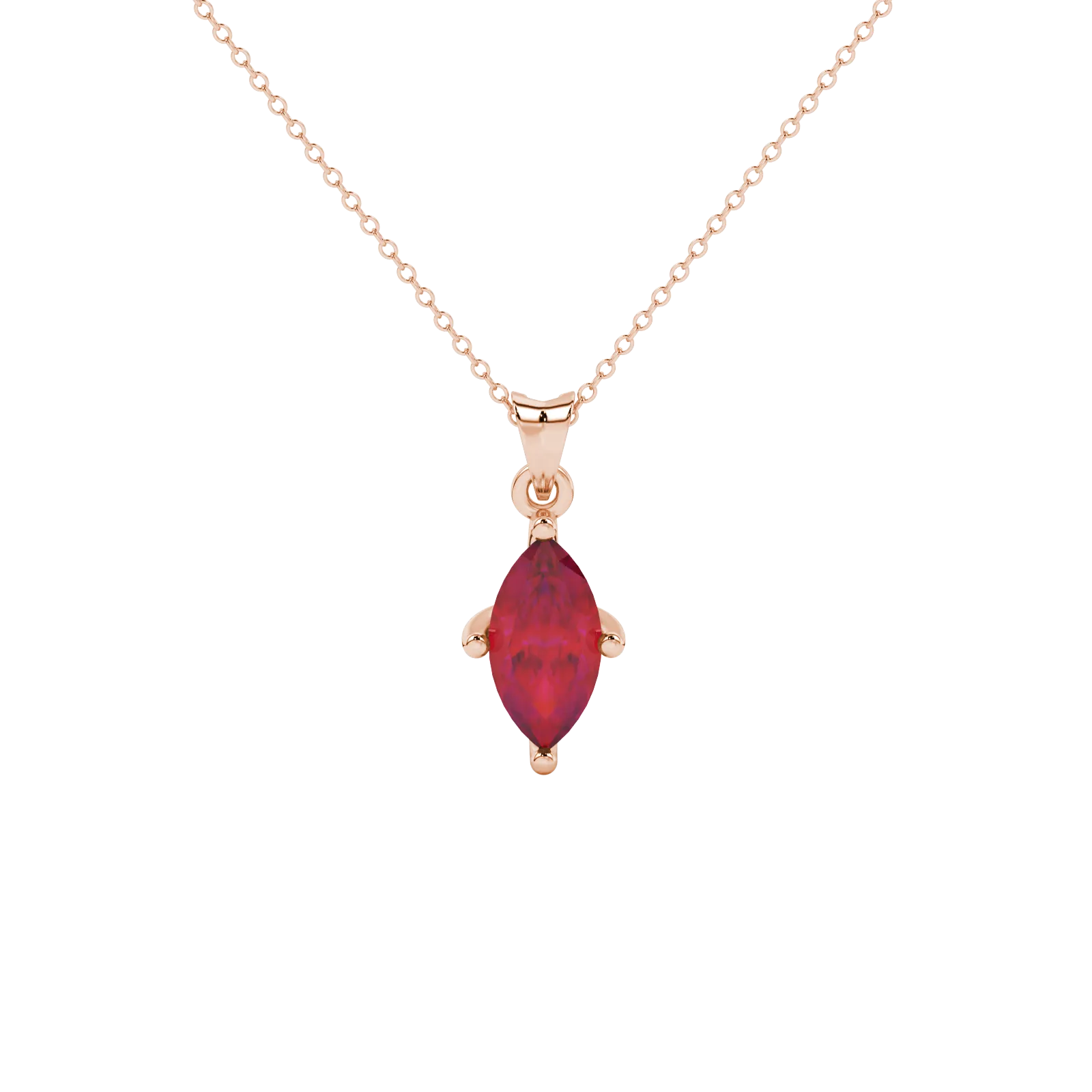 Marquise cut raspberry red gemstone pendant, rose gold surprise diamond setting.