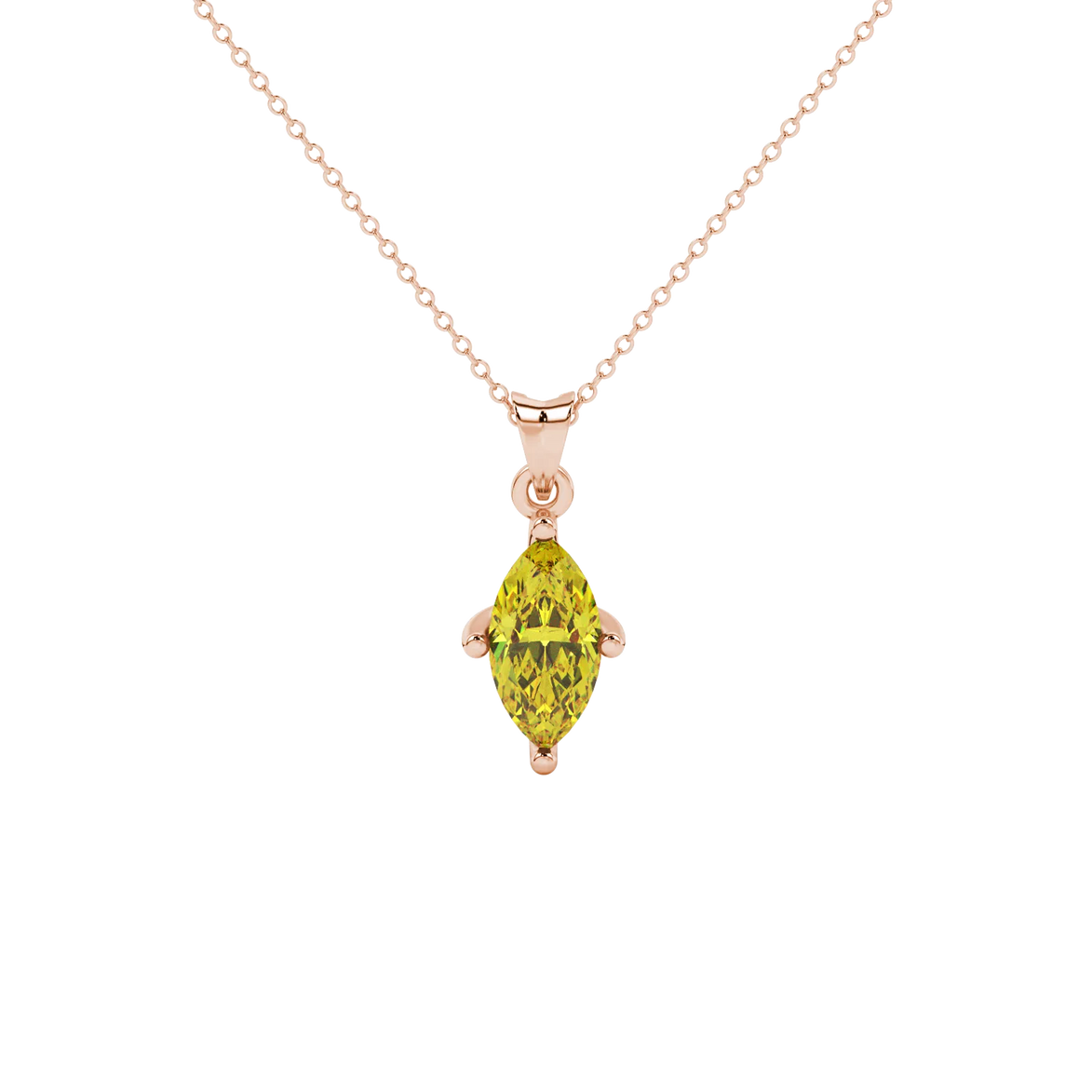 Marquise cut canary yellow gemstone pendant, rose gold surprise diamond setting.