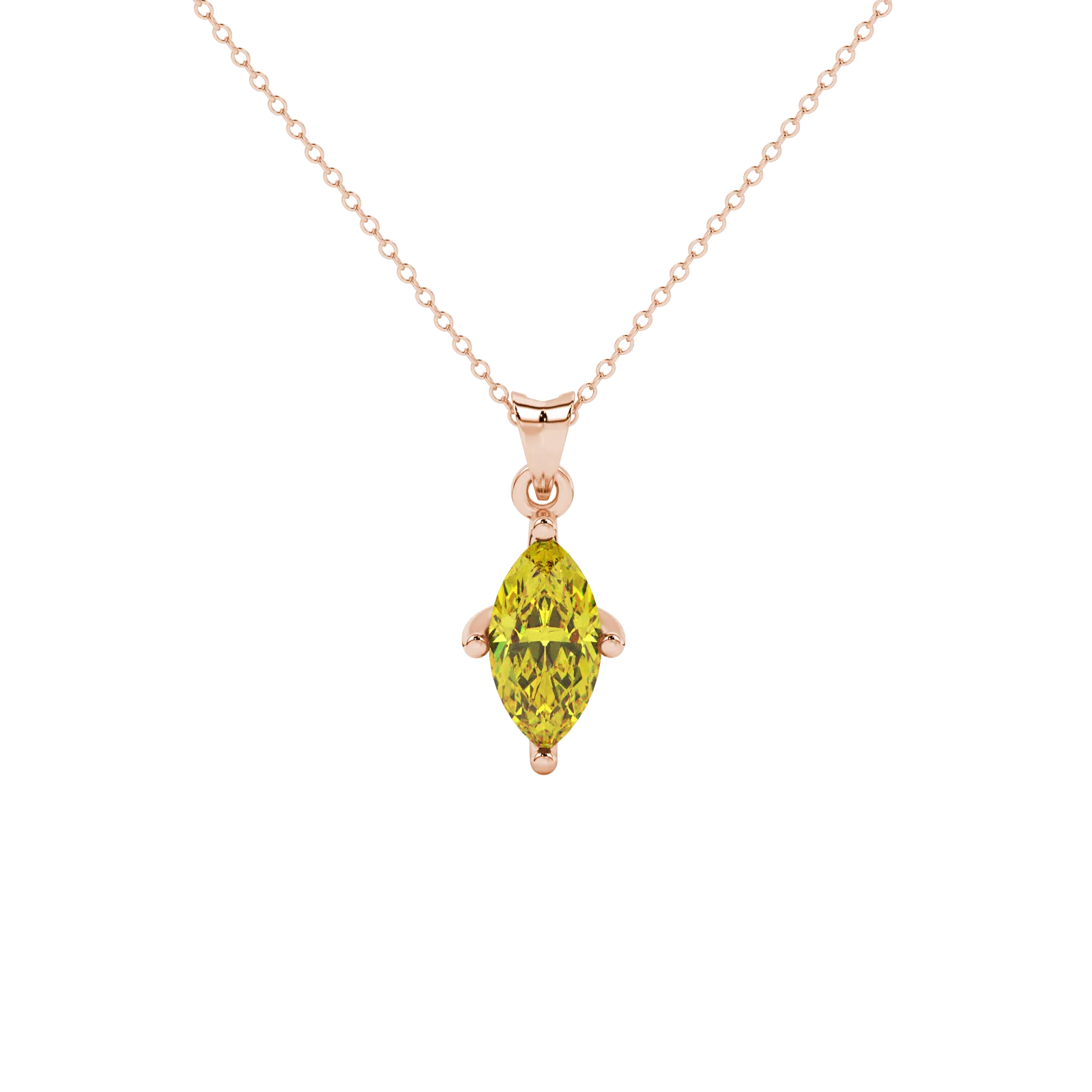Marquise cut canary yellow gemstone pendant, rose gold surprise diamond setting.