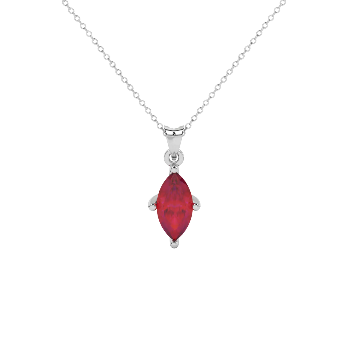 Marquise cut raspberry red gemstone pendant, white gold surprise diamond setting.