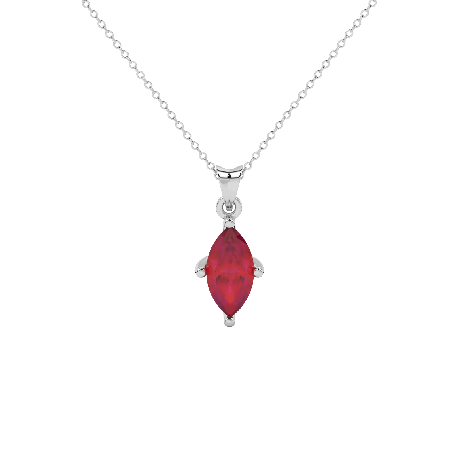 Marquise cut raspberry red gemstone pendant, white gold surprise diamond setting.