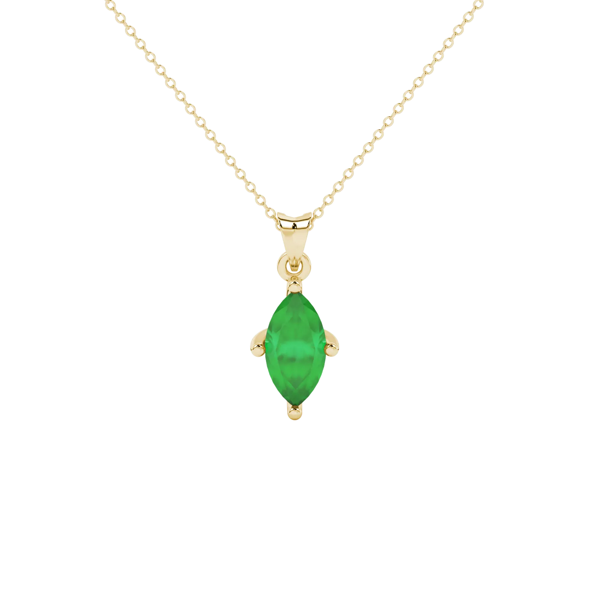 Marquise cut emerald green gemstone pendant, yellow gold surprise diamond setting