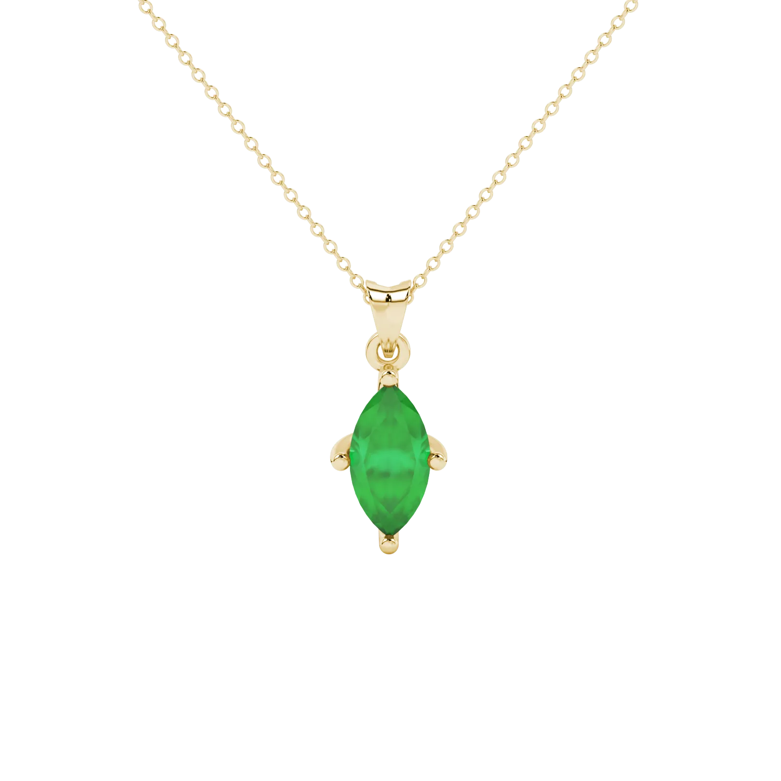 Marquise cut emerald green gemstone pendant, yellow gold surprise diamond setting
