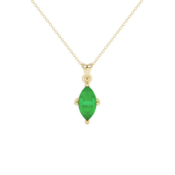 Marquise cut emerald green gemstone pendant, yellow gold surprise diamond setting