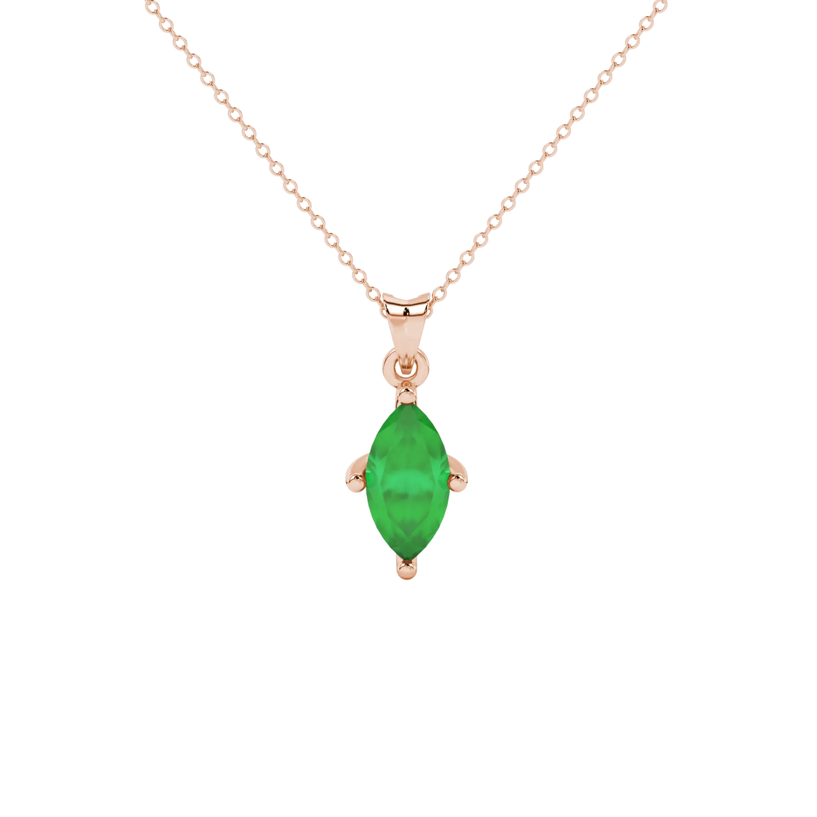 Marquise cut emerald green gemstone pendant, rose gold surprise diamond setting.