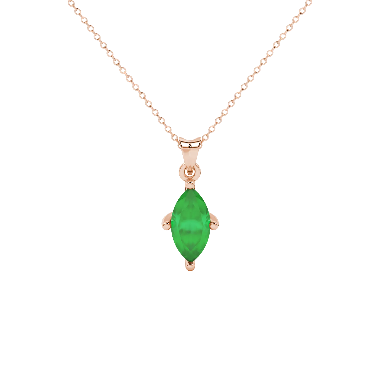 Marquise cut emerald green gemstone pendant, rose gold surprise diamond setting.