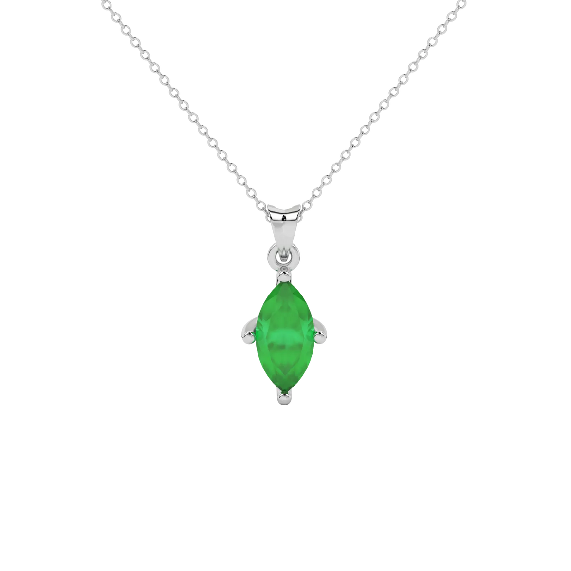 Marquise cut emerald green gemstone pendant, white gold surprise diamond setting.