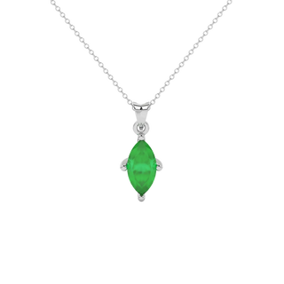 Marquise cut emerald green gemstone pendant, white gold surprise diamond setting.