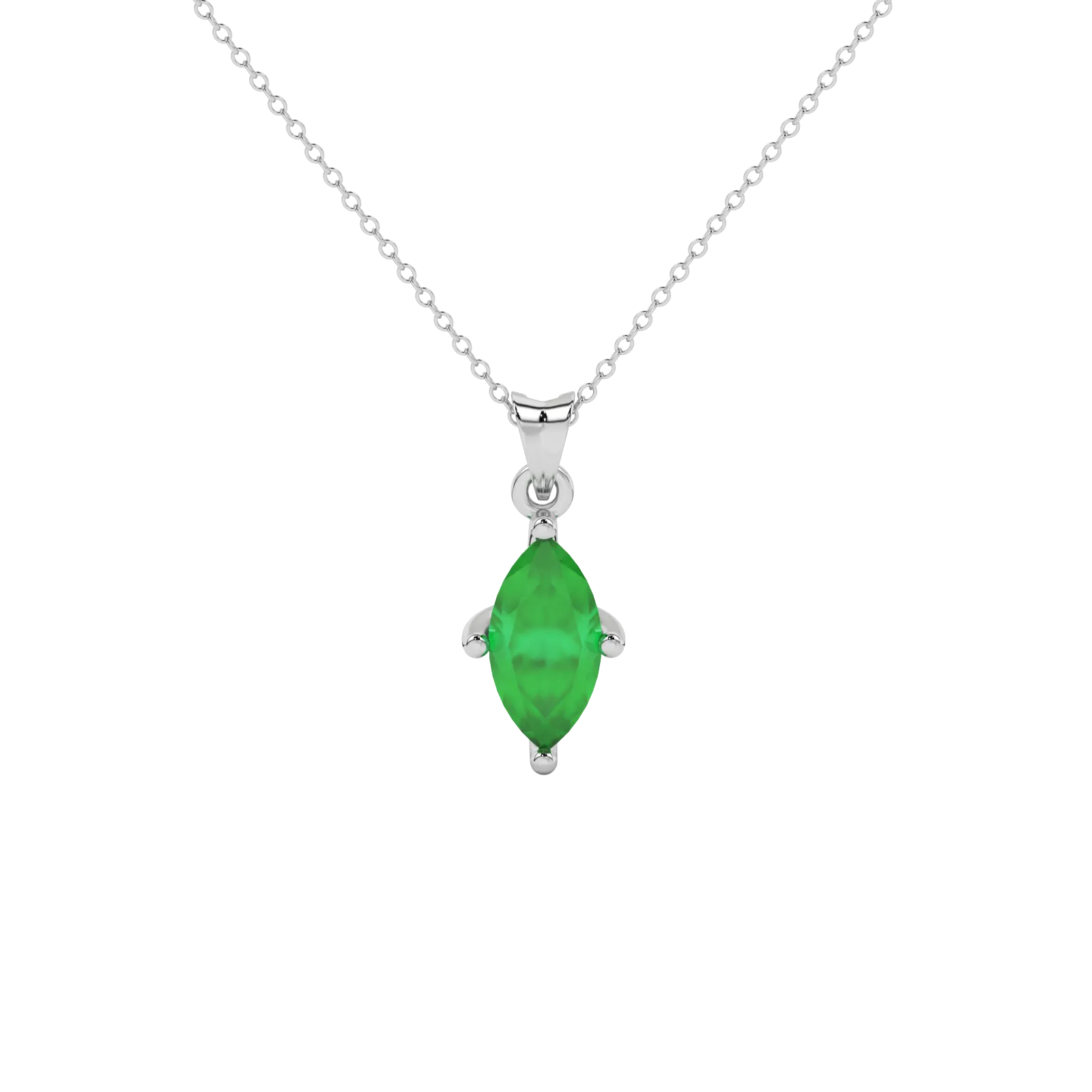 Marquise cut emerald green gemstone pendant, white gold surprise diamond setting.