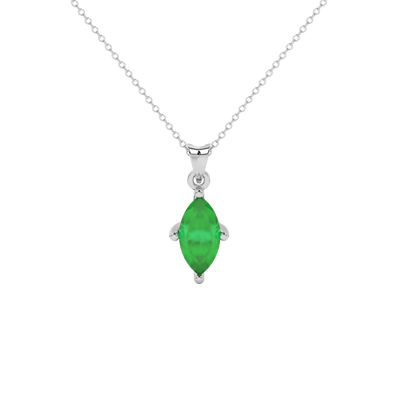 Marquise cut emerald green gemstone pendant, white gold surprise diamond setting.