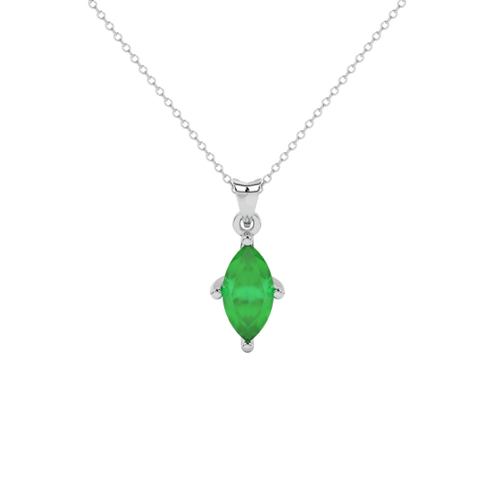 Marquise cut emerald green gemstone pendant, white gold surprise diamond setting.