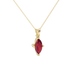 Close-up, marquise cut raspberry red gemstone, yellow gold surprise diamond pendant.