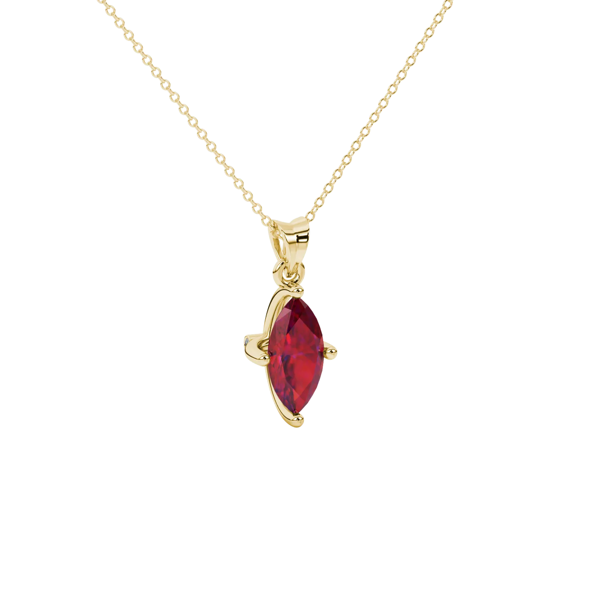 Close-up, marquise cut raspberry red gemstone, yellow gold surprise diamond pendant.
