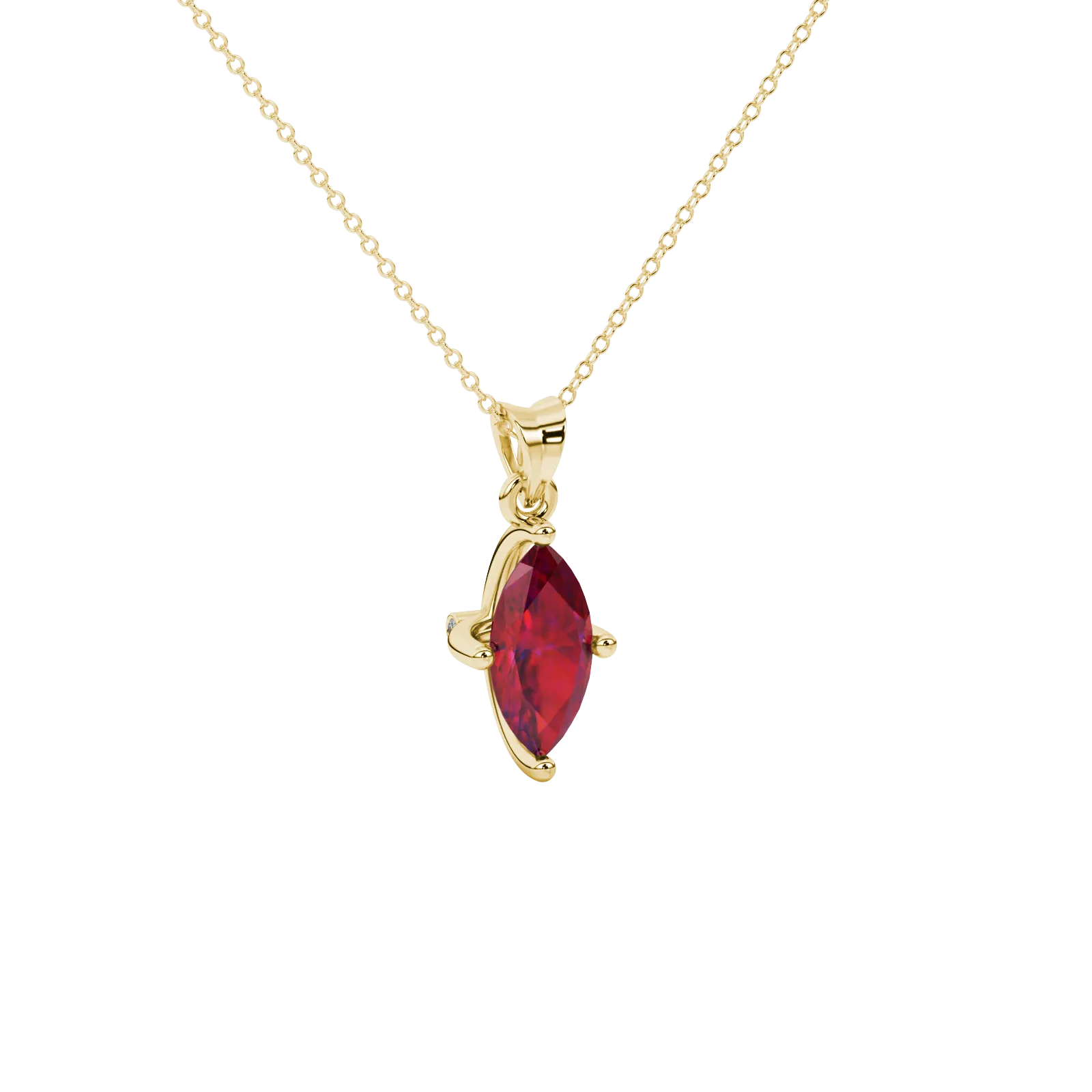 Close-up, marquise cut raspberry red gemstone, yellow gold surprise diamond pendant.