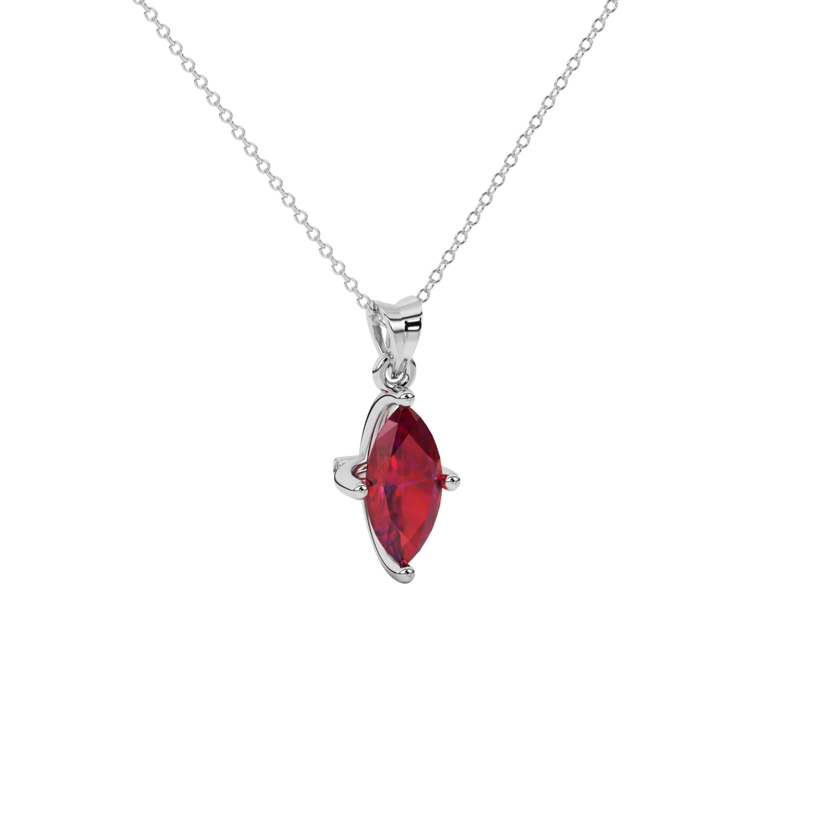 Macro shot, marquise cut raspberry red gemstone, white gold surprise diamond setting.